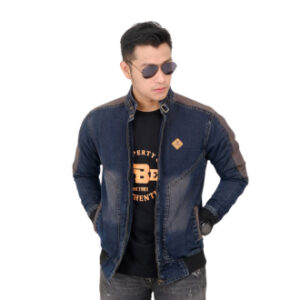 Jaket Jeans Pria Big Size dengan Logo Kulit dan Resleting